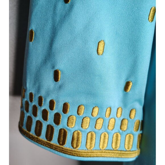 Gretchen Scott Medium Dress, Teal Blue, Gold, Embroidered Neckline, 3/4 Sleeve - Picture 2 of 5
